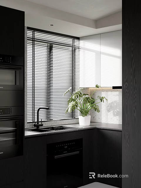 Modern Kitchen Interior With Black Cabinets Window Blinds White Countertop And Green Plant 3d model 