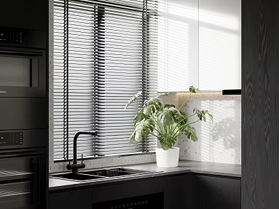 Modern Kitchen Interior With Black Cabinets Window Blinds White Countertop And Green Plant 3d model