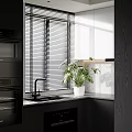 Modern Kitchen Interior With Black Cabinets Window Blinds White Countertop And Green Plant