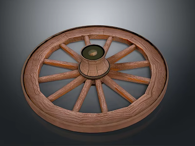 Traditional Wooden Cart Wheel With Spokes And Central Metal Hub 3d model