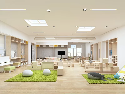 Bright Kindergarten Interior With Skylights Wooden Furniture Green Mat And Windows 3d model