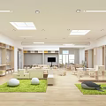 Bright Kindergarten Interior With Skylights Wooden Furniture Green Mat And Windows
