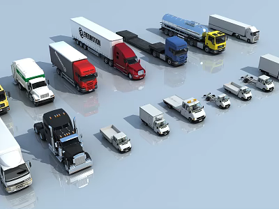 Various Types Of Colorful Commercial Trucks Including Delivery Vans And Trailers 3d model