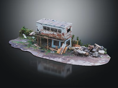 Abandoned Rusty Model House With Surrounding Debris Weeds And Wooden Planks 3d model