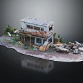 Abandoned Rusty Model House With Surrounding Debris Weeds And Wooden Planks