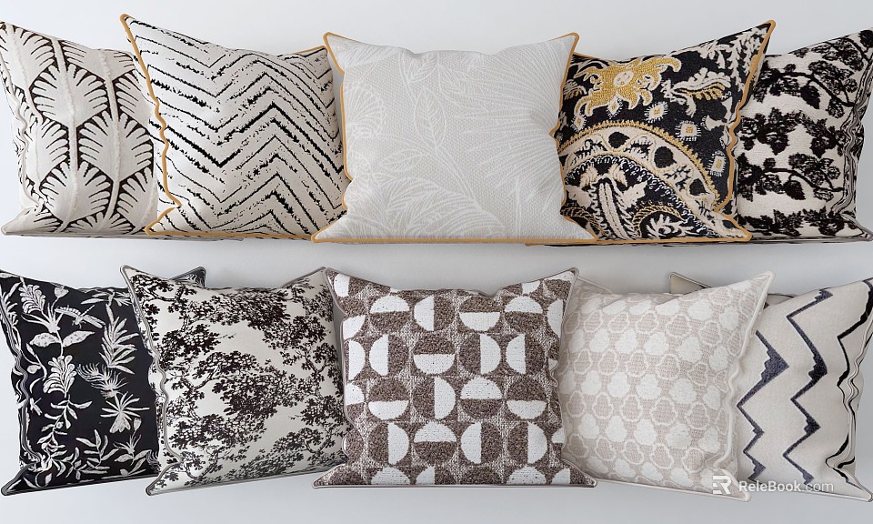 Stylish Decorative Throw Pillows With Geometric Floral Patterns Black White Beige Brown And Gold Trim 3d model 