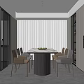 Modern Restaurant Interior Design With Long Dining Table Chairs And Floor To Ceiling Blinds 3d model
