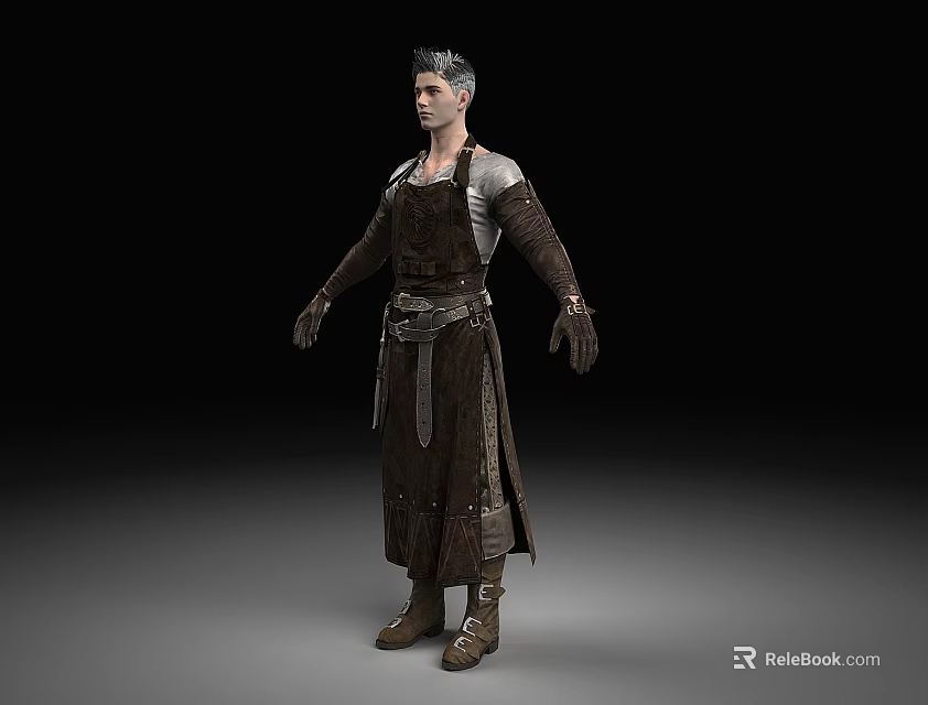 A Man Wearing Brown Apron Long Sleeved Top Leather Boots And Belt 3d model 
