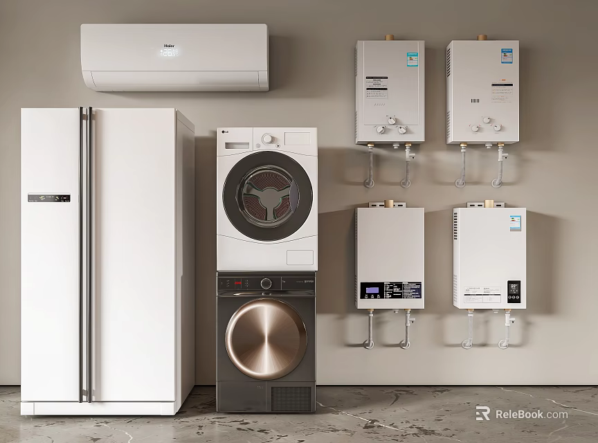Modern Household Appliances Display With Refrigerator Washing Machine And Wall Mounted Water Heaters 3d model 