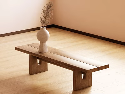 Minimalist Wooden Bench On Light Floor With Vase And Dried Flowers Near Beige Wall 3d model