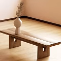 Minimalist Wooden Bench On Light Floor With Vase And Dried Flowers Near Beige Wall