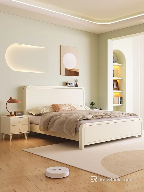 Modern Minimalist Double Bed with White Headboard Light-colored Quilt Nightstand Table Lamp and Curved Bookshelf 3d model 