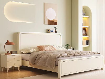 Modern Minimalist Double Bed with White Headboard Light-colored Quilt Nightstand Table Lamp and Curved Bookshelf 3d model