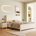 Modern Minimalist Double Bed with White Headboard Light-colored Quilt Nightstand Table Lamp and Curved Bookshelf