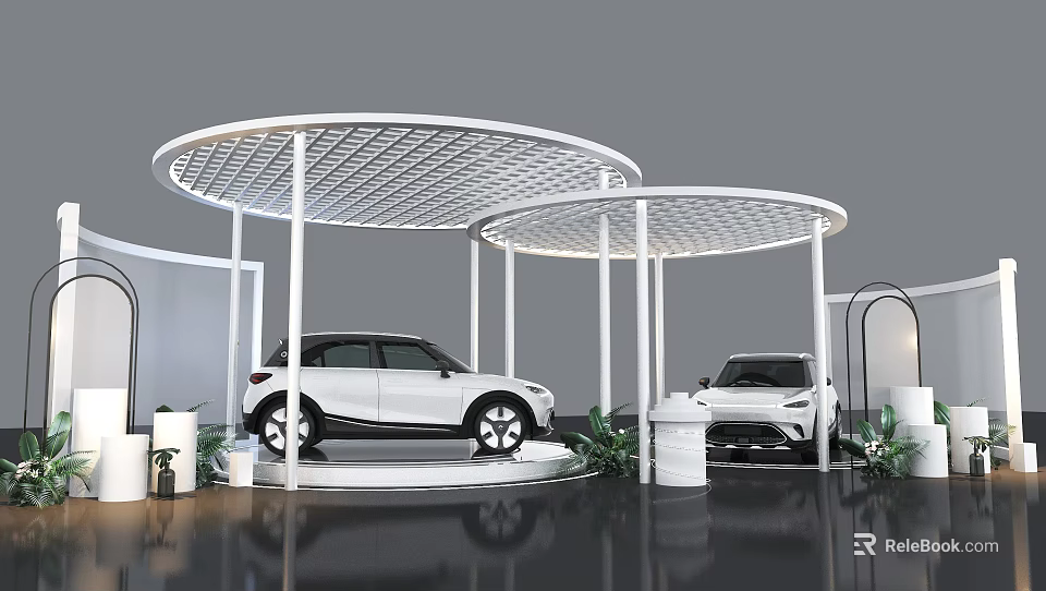 White Cars On Modern Display Platform With Circular Canopies White Pillars And Green Plants 3d model 