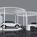 White Cars On Modern Display Platform With Circular Canopies White Pillars And Green Plants