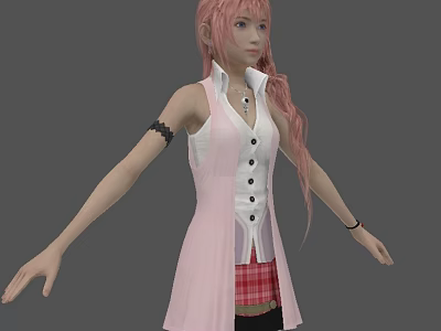 Pink Haired Game Movie Character With White Sleeveless Top And Red Plaid Skirt 3d model