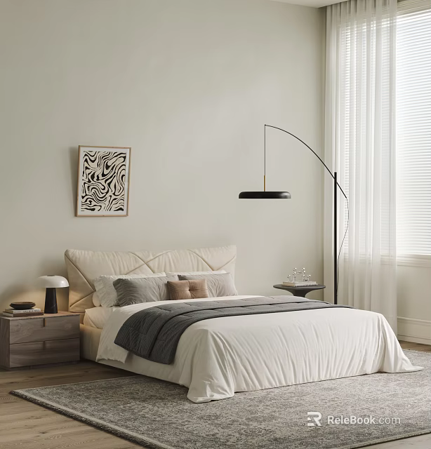 Modern Double Bed with Upholstered Headboard Nightstands Table Lamp and Wall Art 3d model 