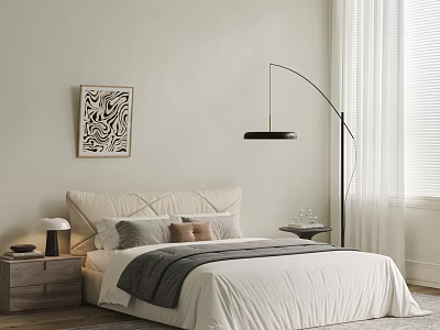 Modern Double Bed with Upholstered Headboard Nightstands Table Lamp and Wall Art 3d model