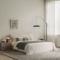 Modern Double Bed with Upholstered Headboard Nightstands Table Lamp and Wall Art
