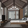 Cozy Hotel Room with Wooden Ceiling King Size Bed TV and Curtain Decorations