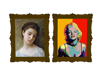 Classical and Pop Art Female Portrait Paintings in Ornate Gold Frames 3d model
