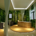SPA Sauna Room Interior Design With Green Plant Walls White Curtains And Wooden Bathtub