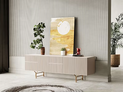 Modern Ribbed Beige TV Stand With Gold Legs Green Plant Red Decor And Painting 3d model