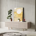 Modern Ribbed Beige TV Stand With Gold Legs Green Plant Red Decor And Painting