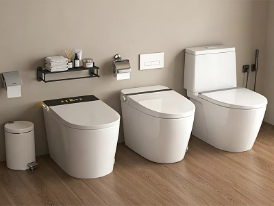 Three Modern Smart Toilets In Bathroom With Wooden Floor And Accessories 3d model