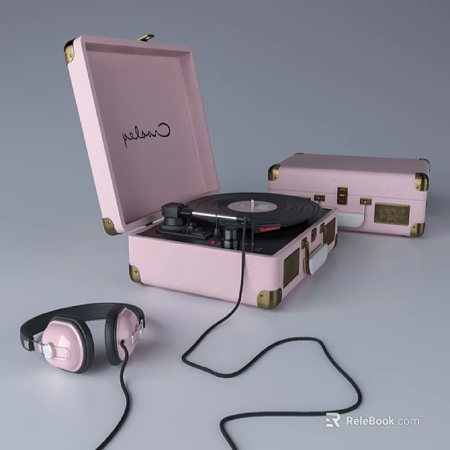 Pink Suitcase Style Record Player with Matching Headphones and Storage Case 3d model 