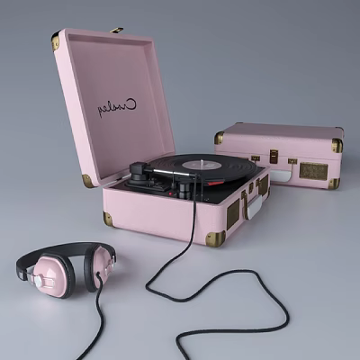 Pink Suitcase Style Record Player with Matching Headphones and Storage Case 3d model