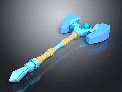 Fantasy Blue War Hammer Design With Dual Hammer Heads Yellow Striped Handle And Central Gemstone 3d model