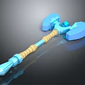 Fantasy Blue War Hammer Design With Dual Hammer Heads Yellow Striped Handle And Central Gemstone