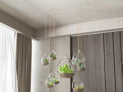 Hanging Glass Orb Bonsai Potted Plants in Modern Interior Space 3d model