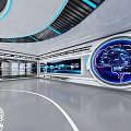 Futuristic Exhibition Hall With Blue Circular Ceiling And Production Technology Display Platform
