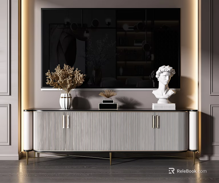 Modern Elegant TV Stand With Striped Design Golden Legs White Vase And Sculpture 3d model 