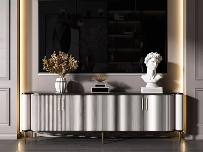 Modern Elegant TV Stand With Striped Design Golden Legs White Vase And Sculpture 3d model