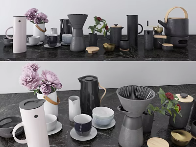 Stylish Modern Tea Set Collection With Ceramic Teapots Cups And Fresh Flowers On Marble Countertop 3d model