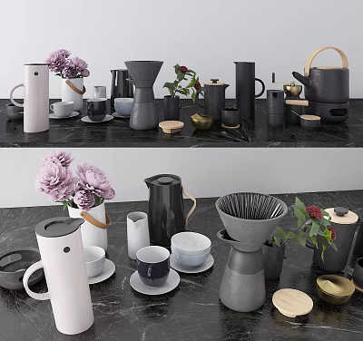 Stylish Modern Tea Set Collection With Ceramic Teapots Cups And Fresh Flowers On Marble Countertop 3d model