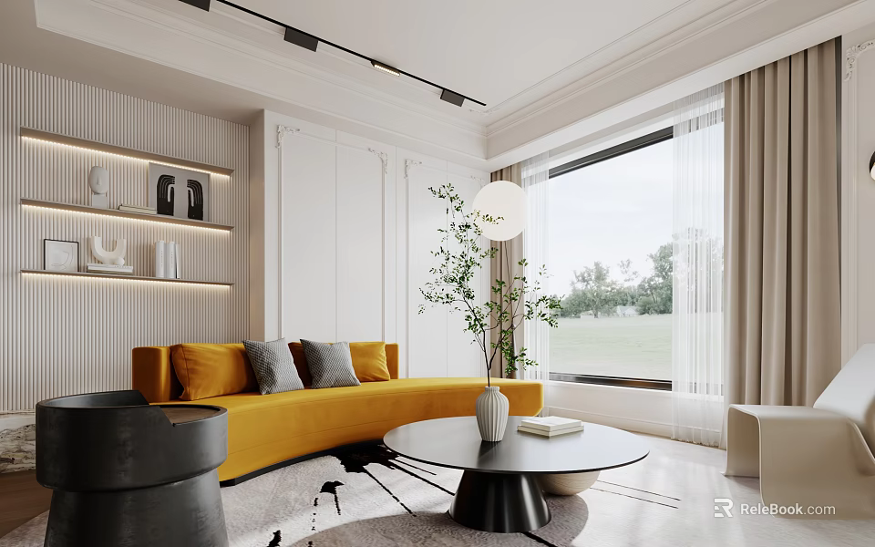 Modern Bright Living And Dining Room With Stylish Curved Sofa And Large Landscape Window 3d model 