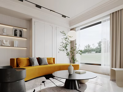 Modern Bright Living And Dining Room With Stylish Curved Sofa And Large Landscape Window 3d model