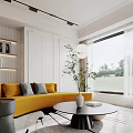 Modern Bright Living And Dining Room With Stylish Curved Sofa And Large Landscape Window