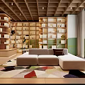 Modern Reception Hall Interior Design With Marble Reception Desk Wooden Shelves And Green Plants