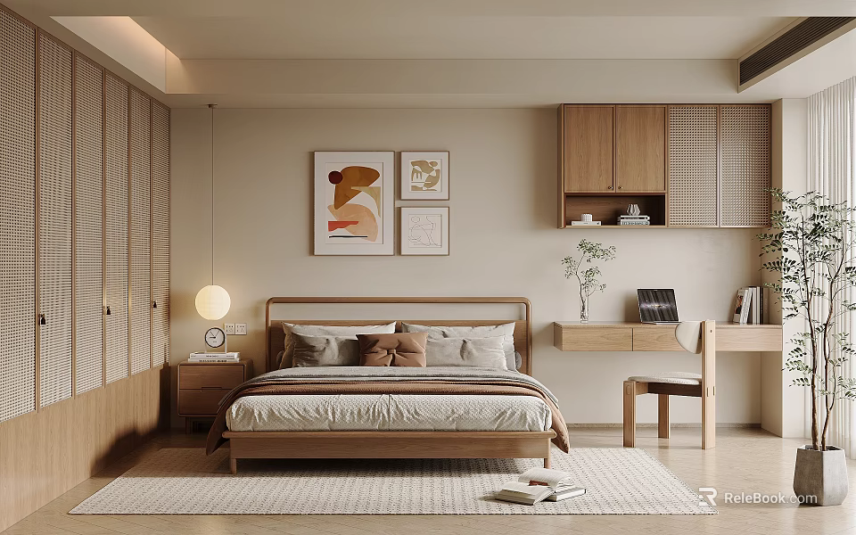 Modern Bedroom Interior With Wooden Furniture Decorative Paintings Pendant Light And Rug 3d model 
