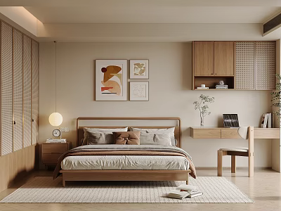 Modern Bedroom Interior With Wooden Furniture Decorative Paintings Pendant Light And Rug 3d model