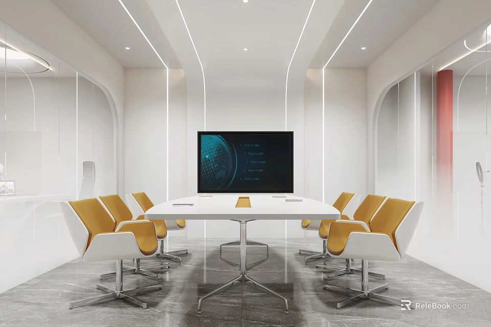 Modern Conference Room Interior With White Table Yellow Chairs Ceiling Lighting And Large Digital Screen 3d model 