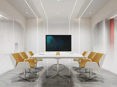 Modern Conference Room Interior With White Table Yellow Chairs Ceiling Lighting And Large Digital Screen 3d model