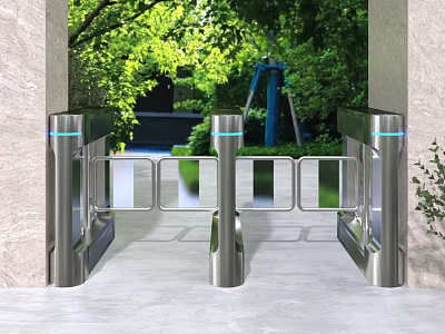 Public Facility Outdoor Entrance With Metal Turnstile Gates And Green Plants 3d model