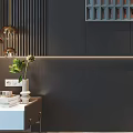 Modern Bedroom Background Wall With Dark Panelled Vertical Strips Artwork LED Lighting And Side Tables
